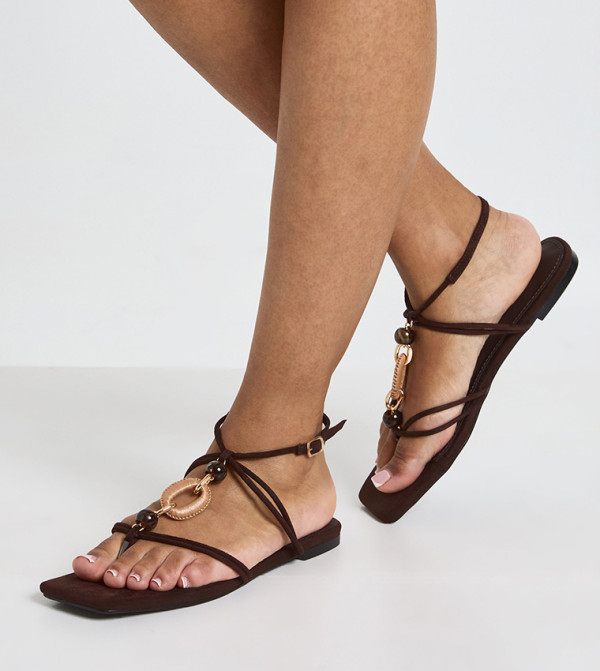 Faux Suede Bead Detail Strappy Flat Sandals