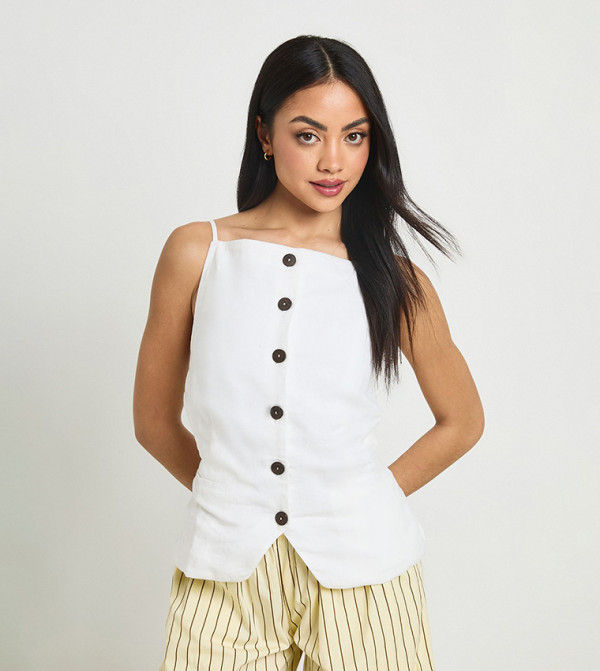 Linen Look Button Down Belted Top