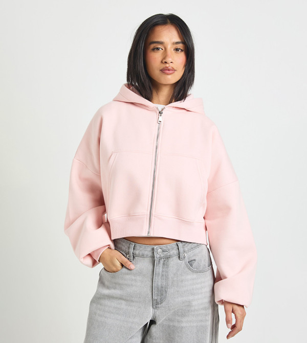 Petite Balloon Sleeves Oversized Zip-Through Hooded Jacket