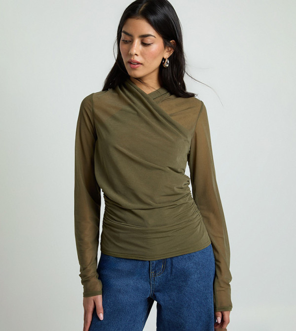 Sheer Textured Wrap Neck Long Sleeves Top