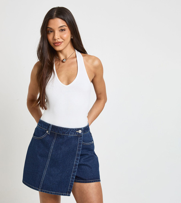 Button Closure Wrap Front Denim Skort