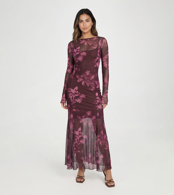 Tall Slash Neck Floral Print Godet Hem Midaxi Dress