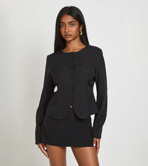 Solid Boat Neck Fitted Blazer