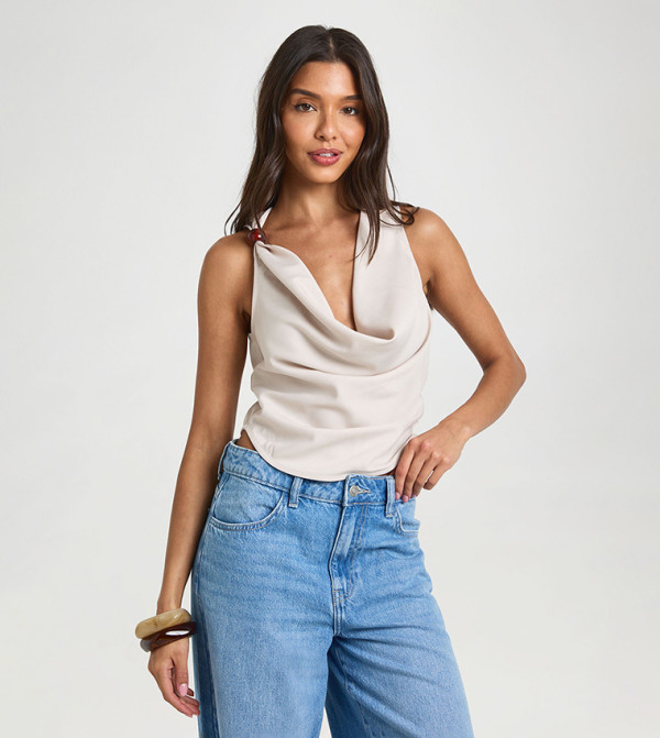 Crepe Beaded Cowl Neck Top