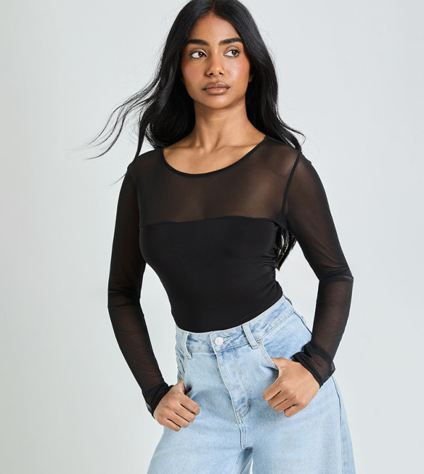 Mesh Panel Front Long Sleeves Bodysuit Top