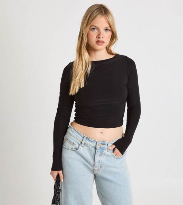Petite Double Layer Slinky Long Sleeves Crop Top