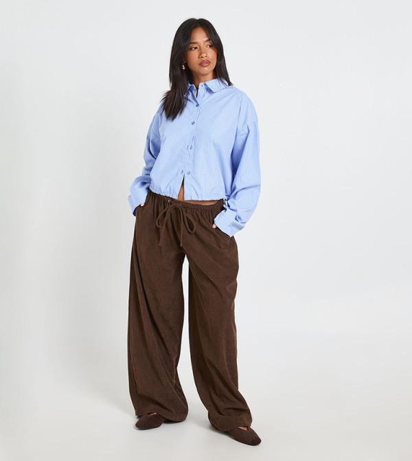 Petite Cord Drawstring Waist Wide Leg Trousers