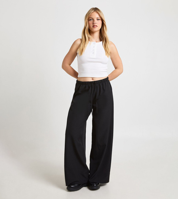Petite Woven Drawstring Waist Wide Leg Trousers