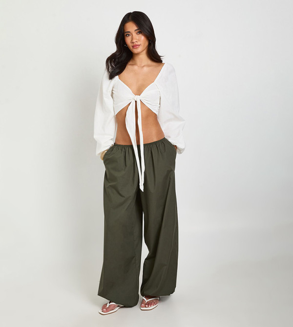 Volume Sleeves Tie Front Linen Look Crop Top