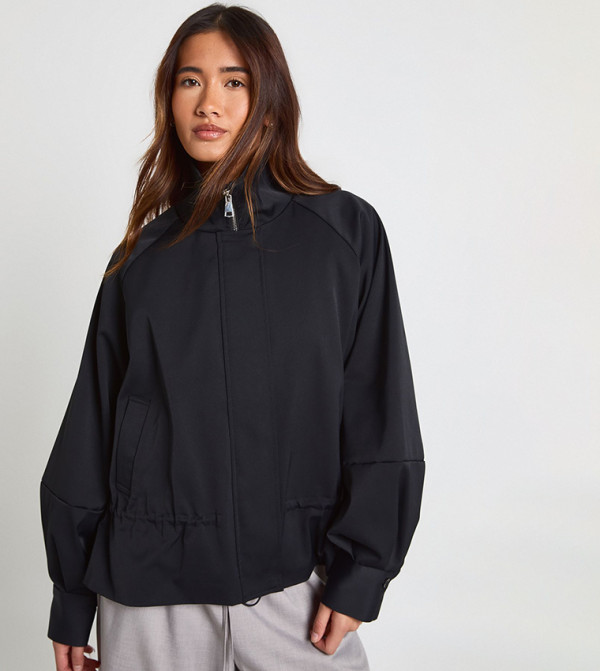 Cinched Waist Funnel Neck Windbreaker Jacket
