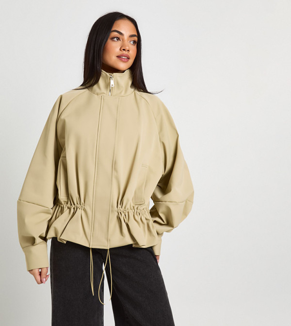 Cinched Waist Funnel Neck Jacket