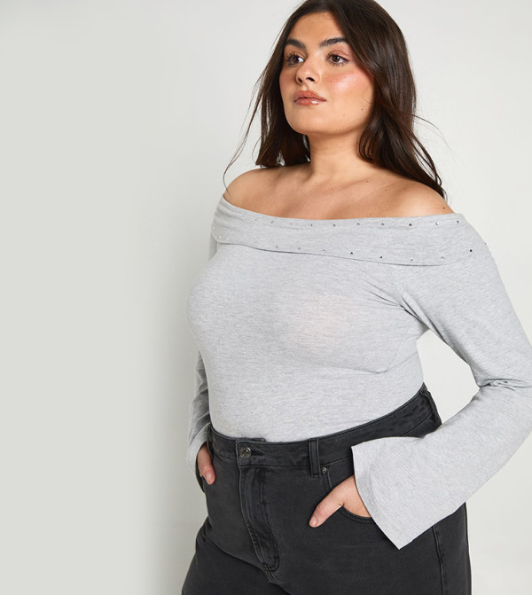 Curve Stud Detail Foldover Bardot Top