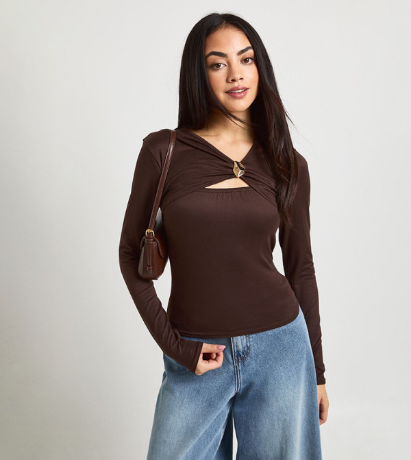 Rushed Asymmetric Neck Trim Detail Long Sleeves Top
