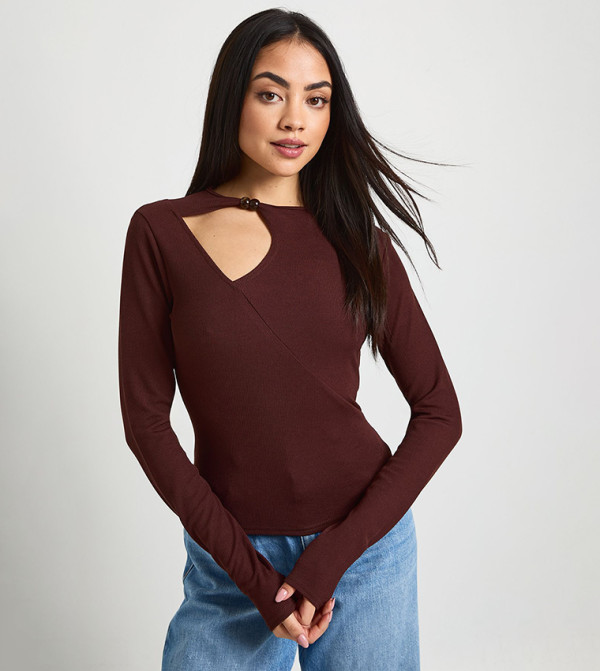 Ribbed Bead Trim Long Sleeves Keyhole Detail Top