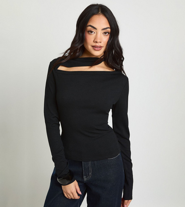 Ribbed Trim Tie Neck Long Sleeves Top