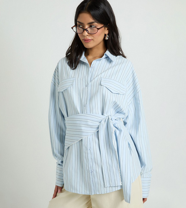 Striped Long Sleeves Tunic Shirt with Waist Tie