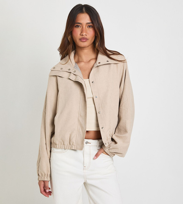 Button Closure Funnel Neck Elastic Waist Jacket