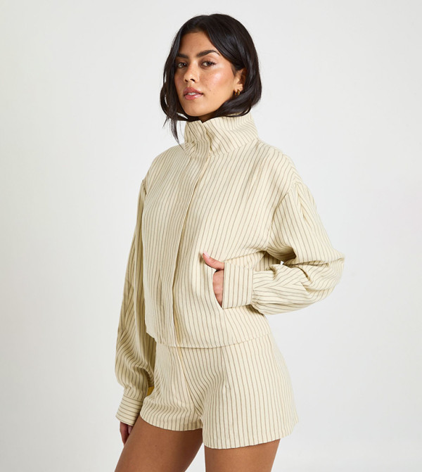 Striped Balloon Sleeves Zip-Through Top