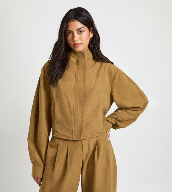 Funnel Neck Balloon Sleeves Zip-Through Top