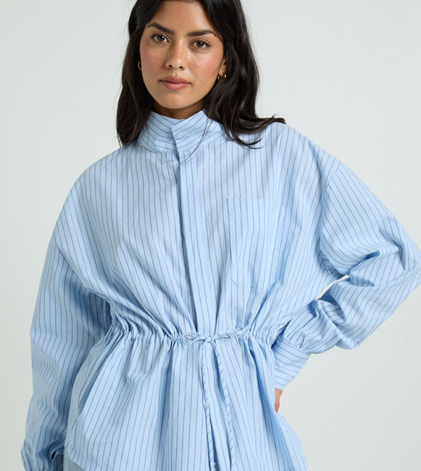 Striped Cinched Waist Funnel Neck Shirt