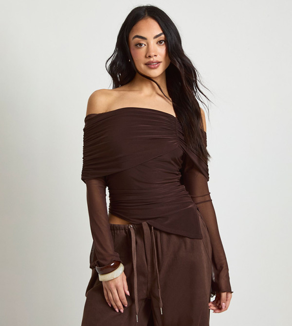 Mesh Sleeves Fold Over Bardot Top