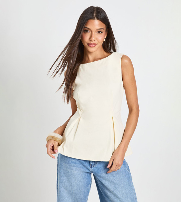 Twill Peplum Boat Neck Top