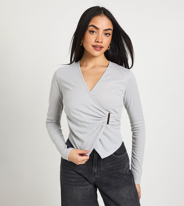 Ribbed Long Sleeves Wrap Front Top