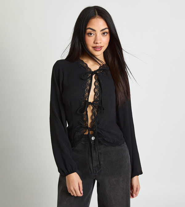 Tie Front Hammered Lace Front Top