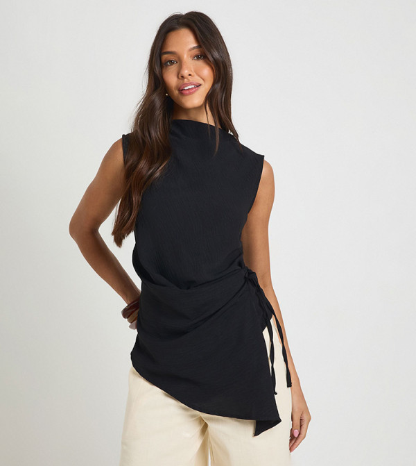Hammered High Cowl Tie Side Drape Top