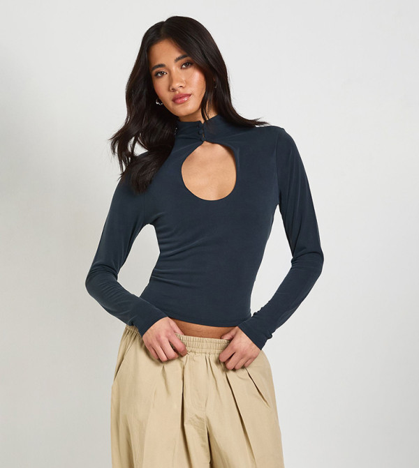 Cupro Key Hole Button Detail Long Sleeves Top