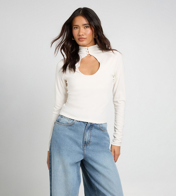 Cupro Key Hole Button Detail Long Sleeves Top
