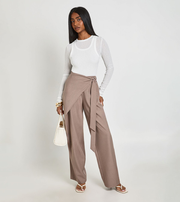 Drape Tie Detail Tailored Wide Leg Trousers