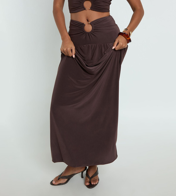 Ring Trim Double Layer Slinky Ruched Maxi Skirt