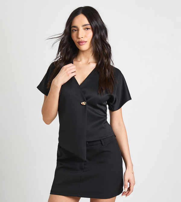 Gold Button Trim Scuba Wide Sleeves Top