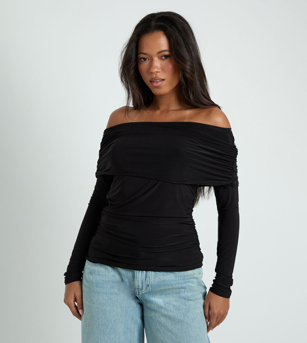 Fold Over Off Shoulder Long Sleeves Top