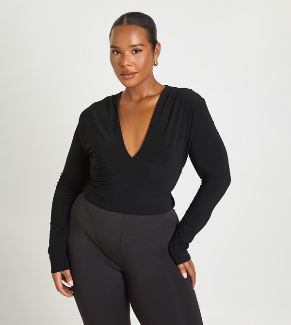 Curve Deep Plunge Long Sleeves Crop Top