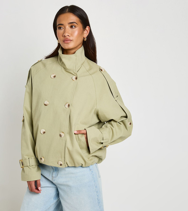 Funnel Neck Double Breasted Trench Coat