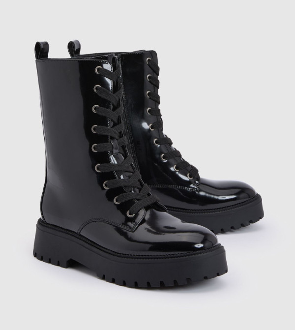 Glossy Lace Up Ankle Boots