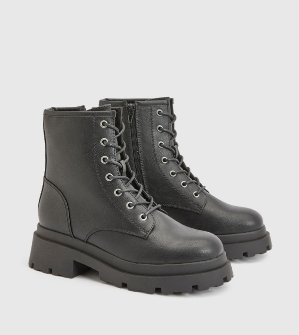 Cleated Sole Lace Up Ankle Boots