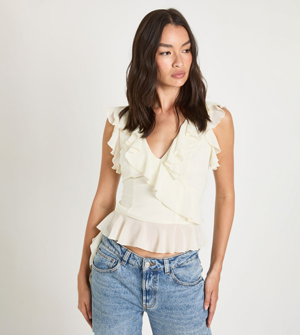 Chiffon Ruffled Sleeveless Asymmetric Top