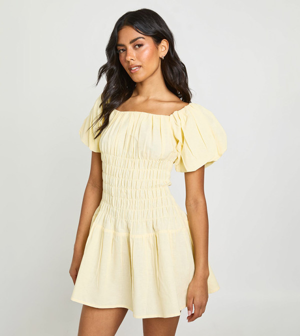 Linen Look Puff Sleeves Shirred Mini Dress