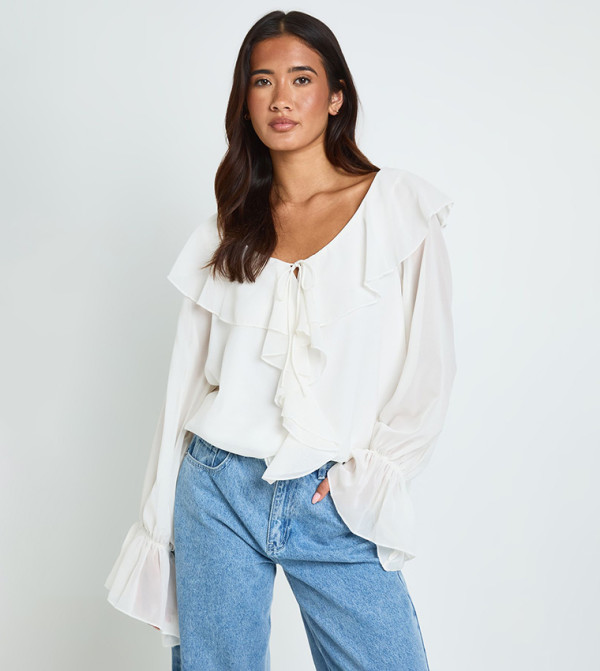 Ruffle Plunge Long Sleeves Top