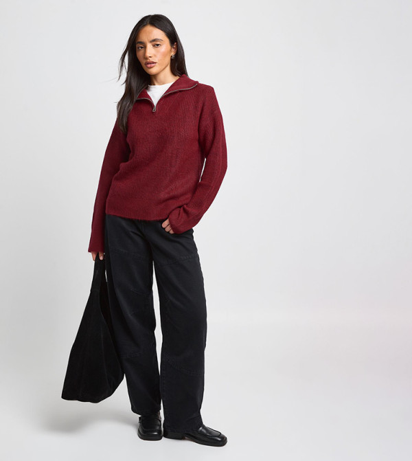 Chunky Knit Zip Neck Oversized Sweater