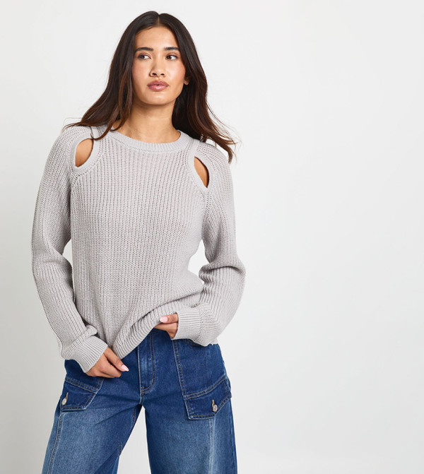 Chunky Knit Crew Neck Cut-Out Sweater