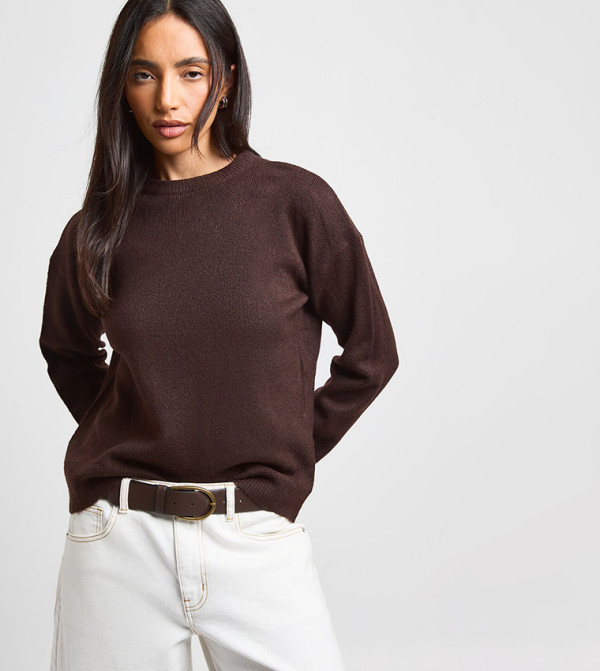 Ribbed Knitted Crew Neck Sweater