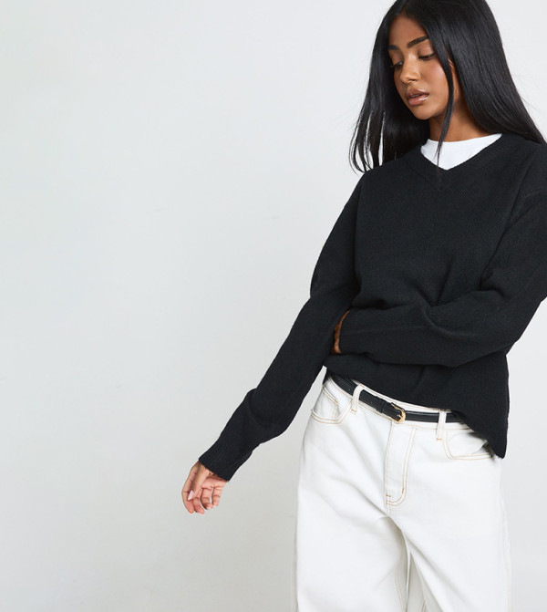 Long Sleeves Knitted V-Neck Sweater