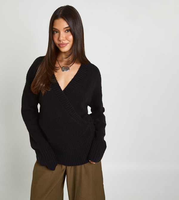 V-Neck Wrap Detail Cinched Waist Sweater