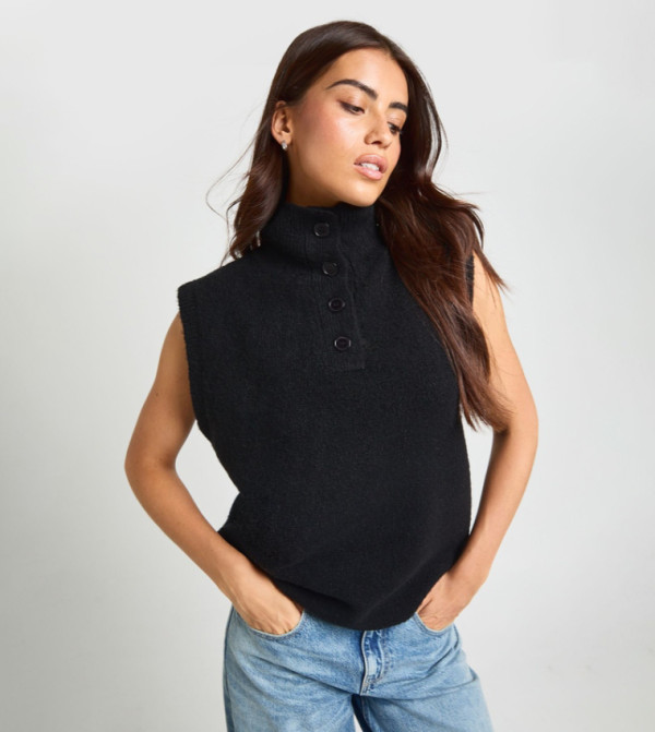 High Neck Button Detail Sweater Vest