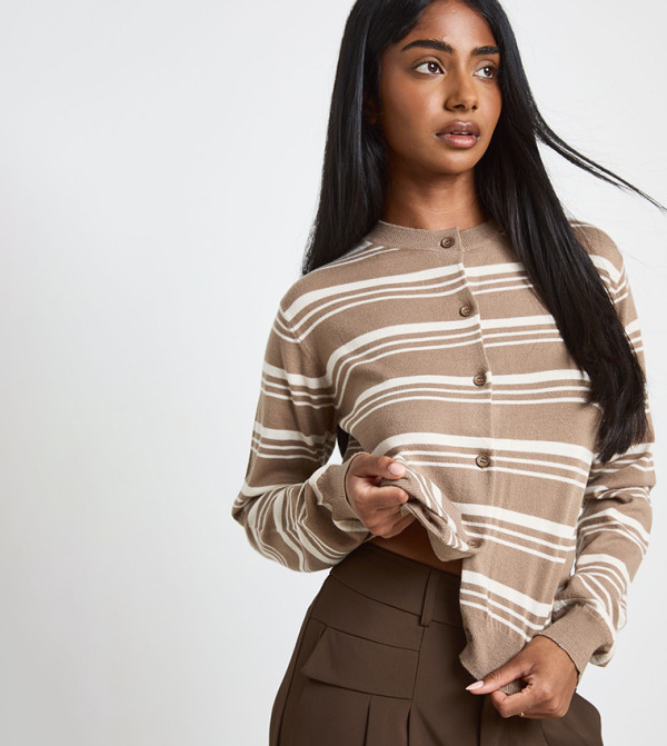 Stripe Crew Neck Super Soft Knitted Cardigan