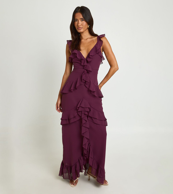 Chiffon Layered Ruffle Detail Maxi Dress